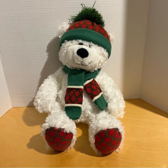 Hugfun White Polar Bear Plush Holiday Winter with Hat and Scarf 19" - Picture 1 of 5